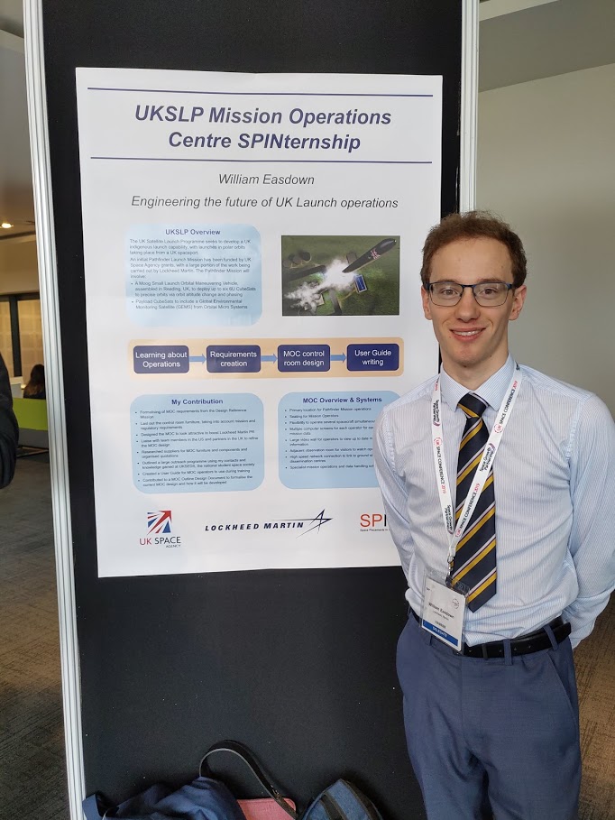 William Easdown presenting a poster at the UK Space Conference about his internship at Lockheed Martin.