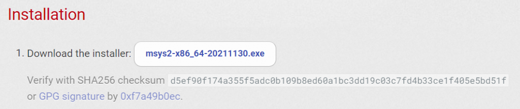 Screenshot of msys2.org showing the installer link just under the Installation heading.